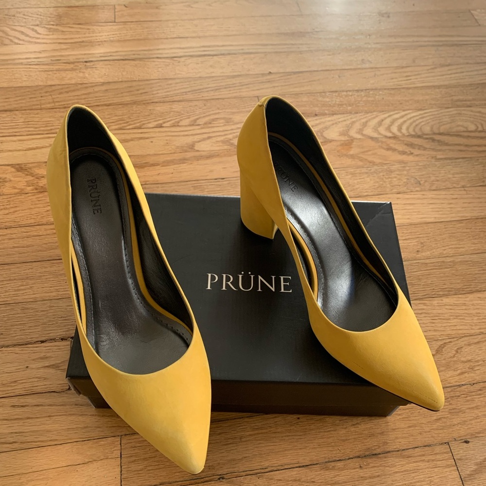 Mustard yellow leather suede block heels
